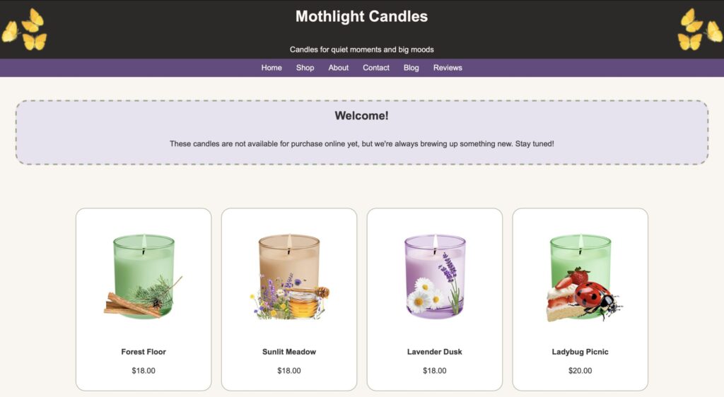 Mothlight Candles shop page